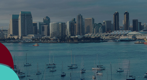 Boston Skyline with Purple Overlay and Blue Green Swoop